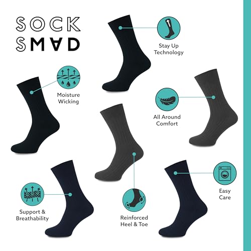 Socksmad 12 Pack Mens 100% Cotton Soft Thin Breathable Ribbed Dress Crew Socks Size UK 6-11