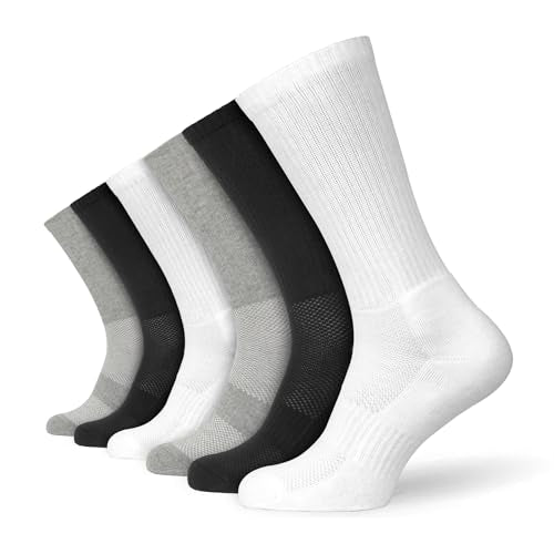 Socksmad Mens 6 Pairs Lightweight Athletic Crew Performance Cushioned Sole Sports Socks Black White Grey UK 6-11