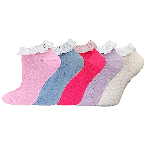 5 Pack Ladies/Womens Fancy Lace Trim Cotton Rich Trainer Liner Socks 4-8 Uk