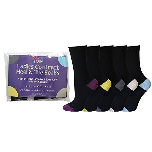 Socksmad Ladies 5 Pair Pack Black Colour Heel & Toe Socks in a Multipack Cotton Rich Honeycomb Soft Tops UK 4-7 Size