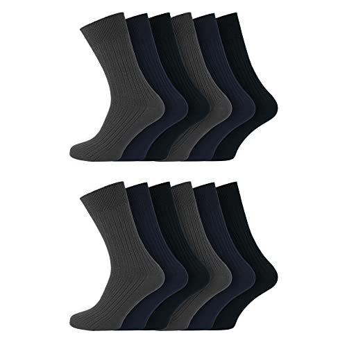 Socksmad 12 Pack Mens 100% Cotton Soft Thin Breathable Ribbed Dress Crew Socks Size UK 6-11