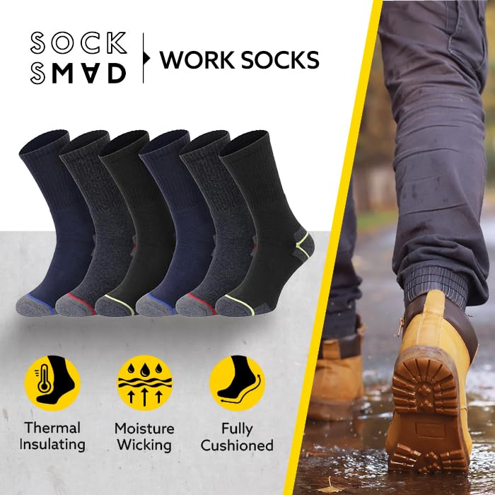 Socksmad 12 Pack Mens Work Socks - Thick Boot Socks for Men, Cushioned Padded Sole For Builders, Mechanics, Engineers