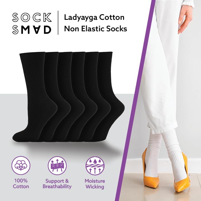 Socksmad Ladies Non Elastic Diabetic Socks 4-7 Smooth Toe Seam 100% Cotton Soft Extra Wide Top Grip