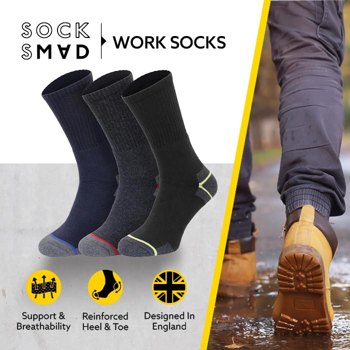 Socksmad 12 Pack Mens Work Socks - Thick Boot Socks for Men, Cushioned Padded Sole For Builders, Mechanics, Engineers