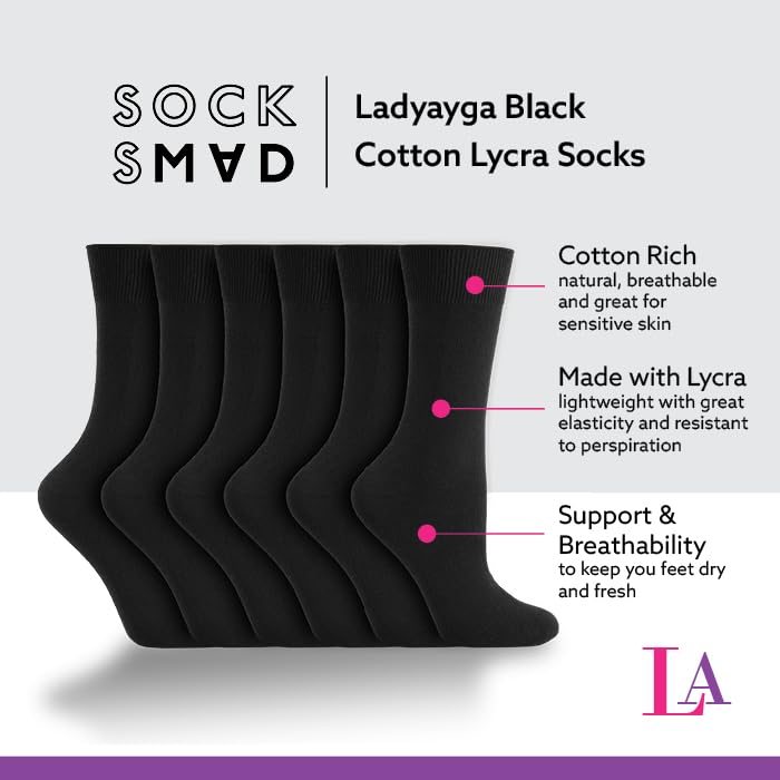 Socksmad 12 Pairs Ladies Womens Cotton with Lycra Socks for Everyday Formal Casual Breathable Comfortable UK 4-7