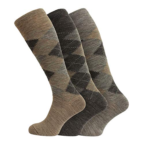 3 Pairs Men's Extra Long Knee High Lambswool Argyle Socks 6-11 Uk, 39-45 Eur (Assorted