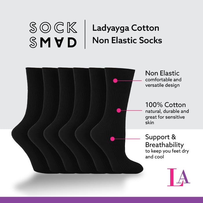 Socksmad Ladies Non Elastic Diabetic Socks 4-7 Smooth Toe Seam 100% Cotton Soft Extra Wide Top Grip