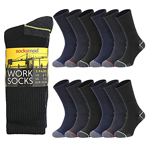 Socksmad 12 Pack Mens Work Socks - Thick Boot Socks for Men, Cushioned Padded Sole For Builders, Mechanics, Engineers