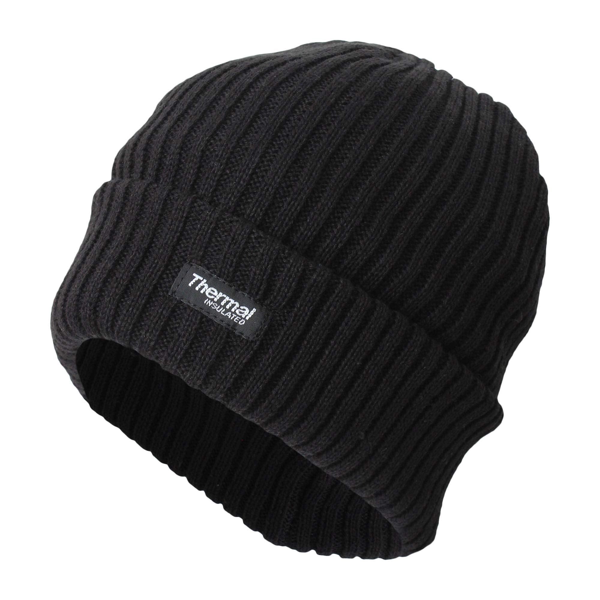 Socksmad Men's Thermal Insulated Warm Winter Knitted 40g Ribbed Cuffed Beanie Hat Black