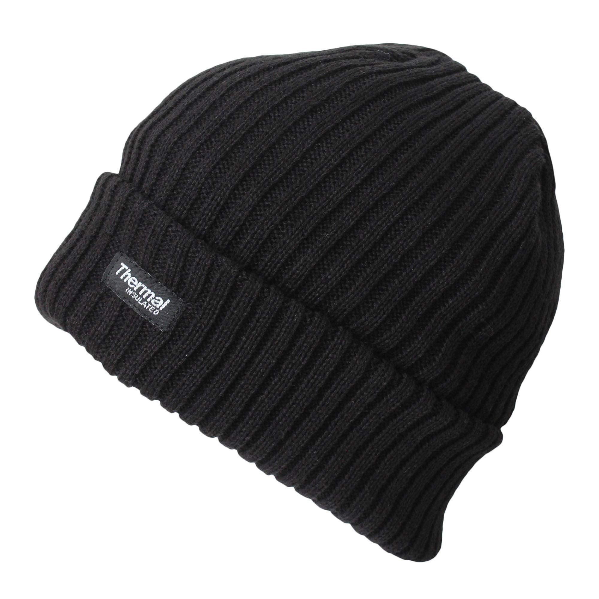 Socksmad Men's Thermal Insulated Warm Winter Knitted 40g Ribbed Cuffed Beanie Hat Black