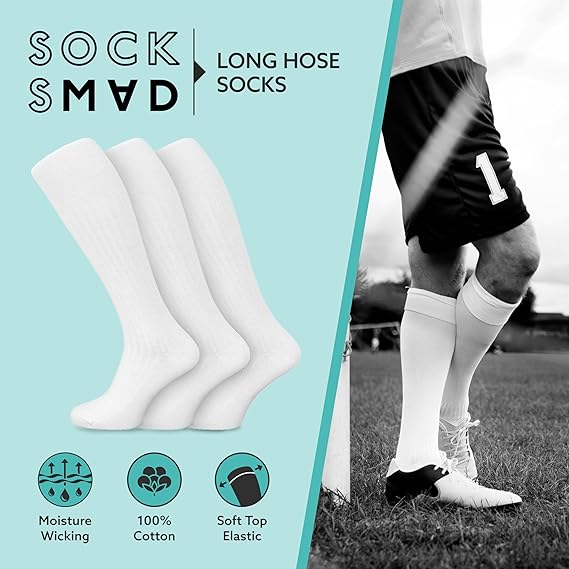 Socksmad 3 Pairs Mens 100% Soft Cotton Extra Long Knee High Socks 6-11 Uk, 39-45 Black/White/B/N/G/Assorted